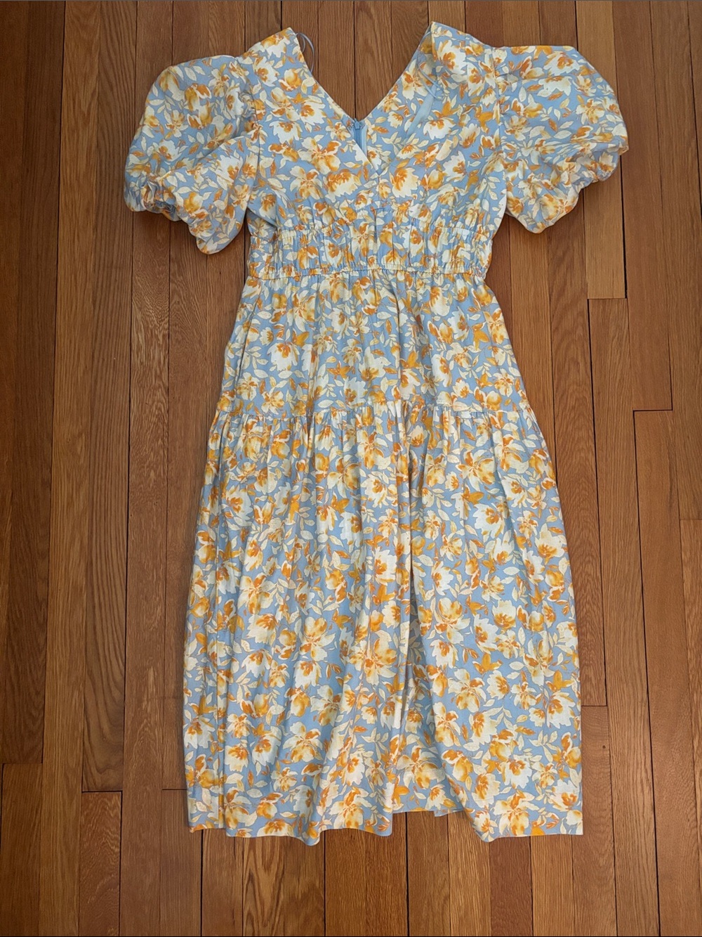 Hyacinth House Floral Puff-Sleeve Yellow Midi Dress with V-Neck